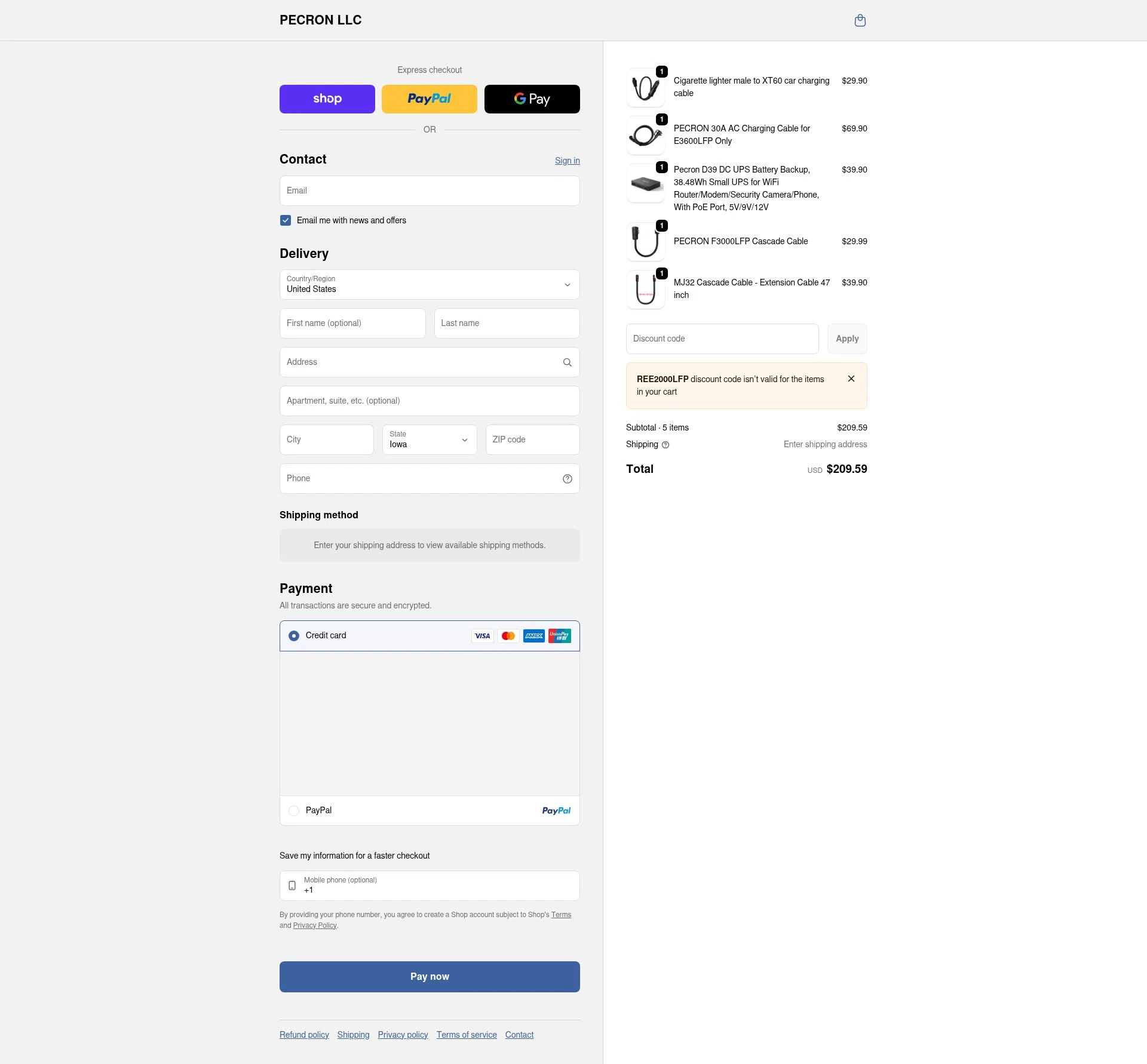 Pecron checkout page showing Pecron discount code box | Screenshot taken by SimplyCodes community member on Feb 20, 2026