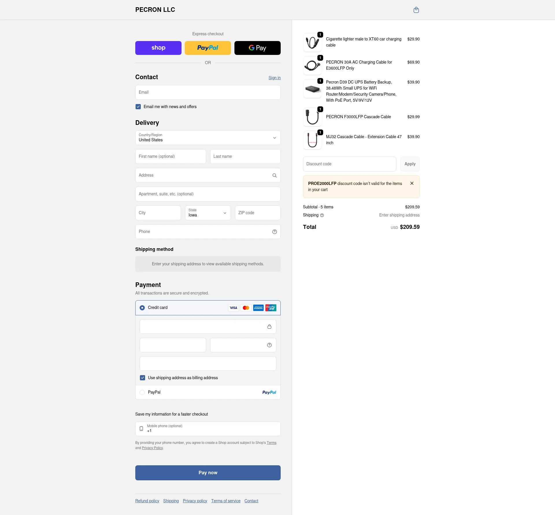 Pecron checkout page showing Pecron discount code box | Screenshot taken by SimplyCodes community member on Feb 20, 2026