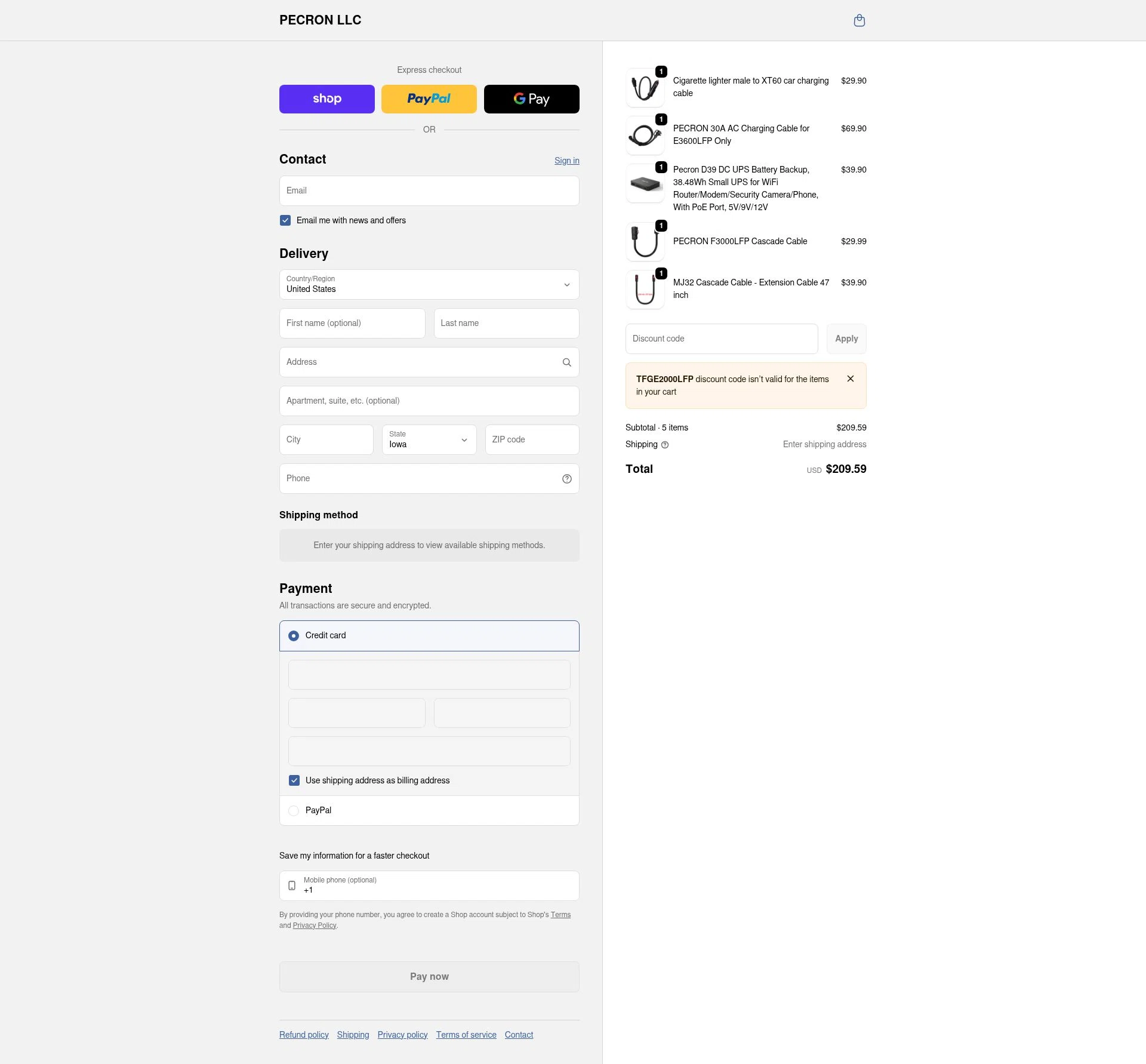 Pecron checkout page showing Pecron discount code box | Screenshot taken by SimplyCodes community member on Feb 20, 2026