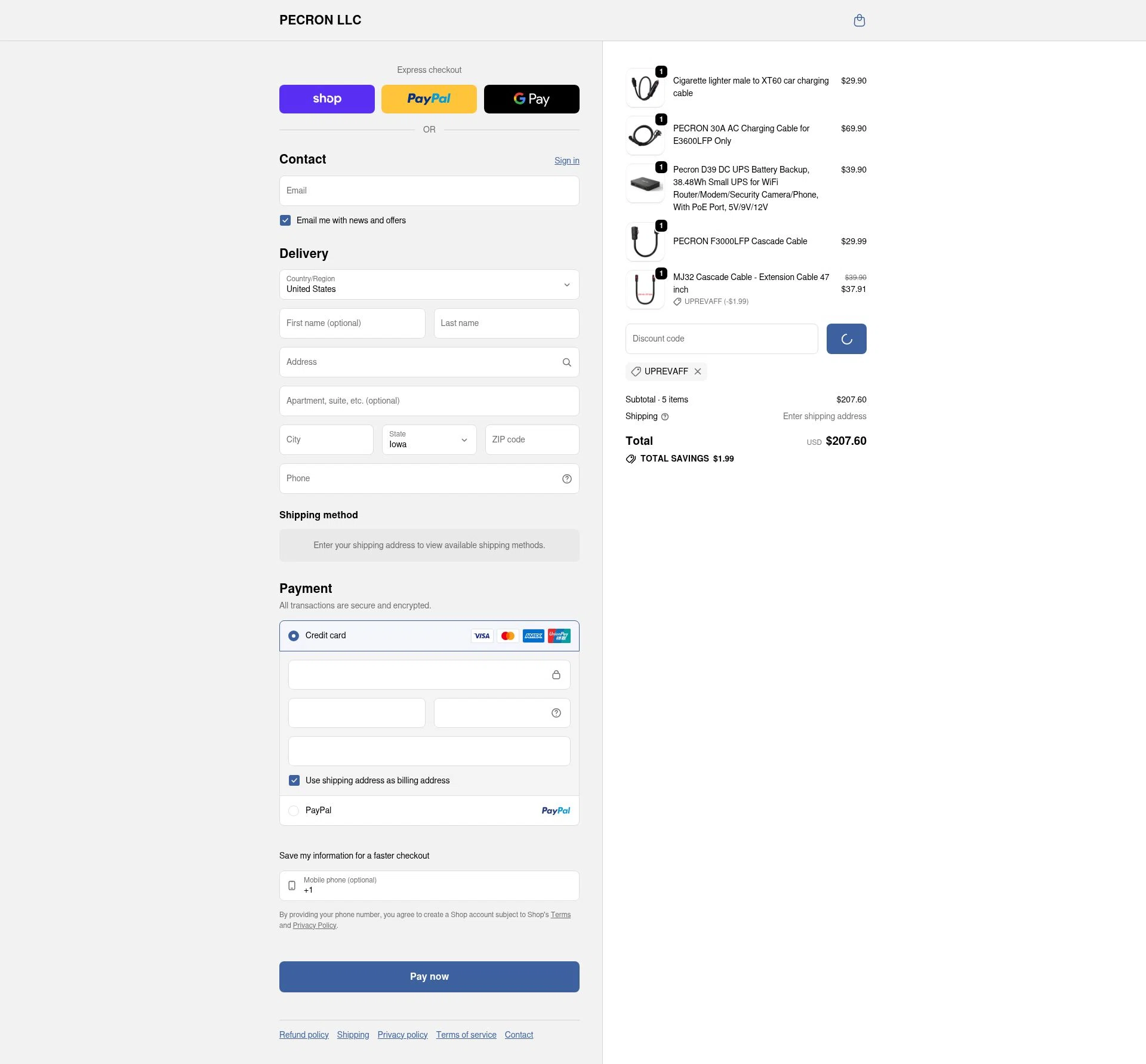 Pecron checkout page showing Pecron discount code box | Screenshot taken by SimplyCodes community member on Feb 20, 2026