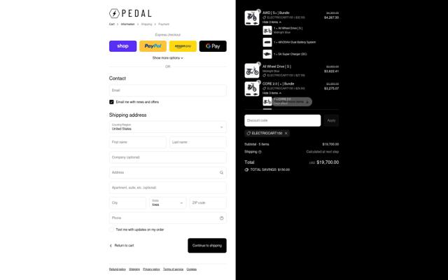 Pedal Electric checkout page showing Pedal Electric promo code box | Screenshot taken by SimplyCodes community member on Sep 13, 2025