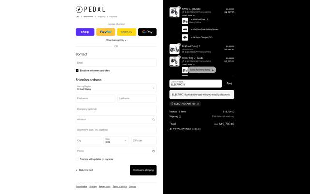 Pedal Electric checkout page showing Pedal Electric promo code box | Screenshot taken by SimplyCodes community member on Sep 10, 2025