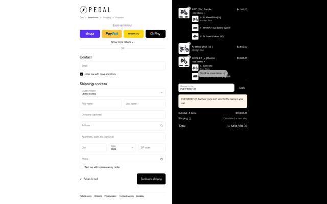 Pedal Electric checkout page showing Pedal Electric promo code box | Screenshot taken by SimplyCodes community member on Sep 13, 2025