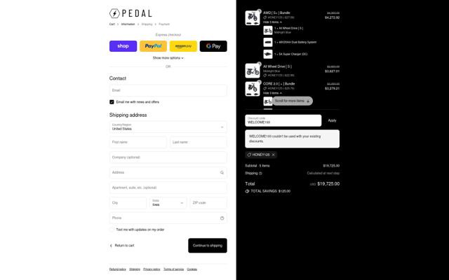 Pedal Electric checkout page showing Pedal Electric promo code box | Screenshot taken by SimplyCodes community member on Sep 10, 2025