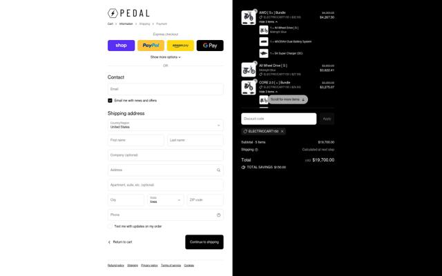 Pedal Electric checkout page showing Pedal Electric promo code box | Screenshot taken by SimplyCodes community member on Sep 10, 2025