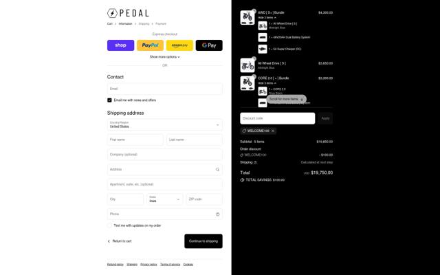 Pedal Electric checkout page showing Pedal Electric promo code box | Screenshot taken by SimplyCodes community member on Sep 13, 2025