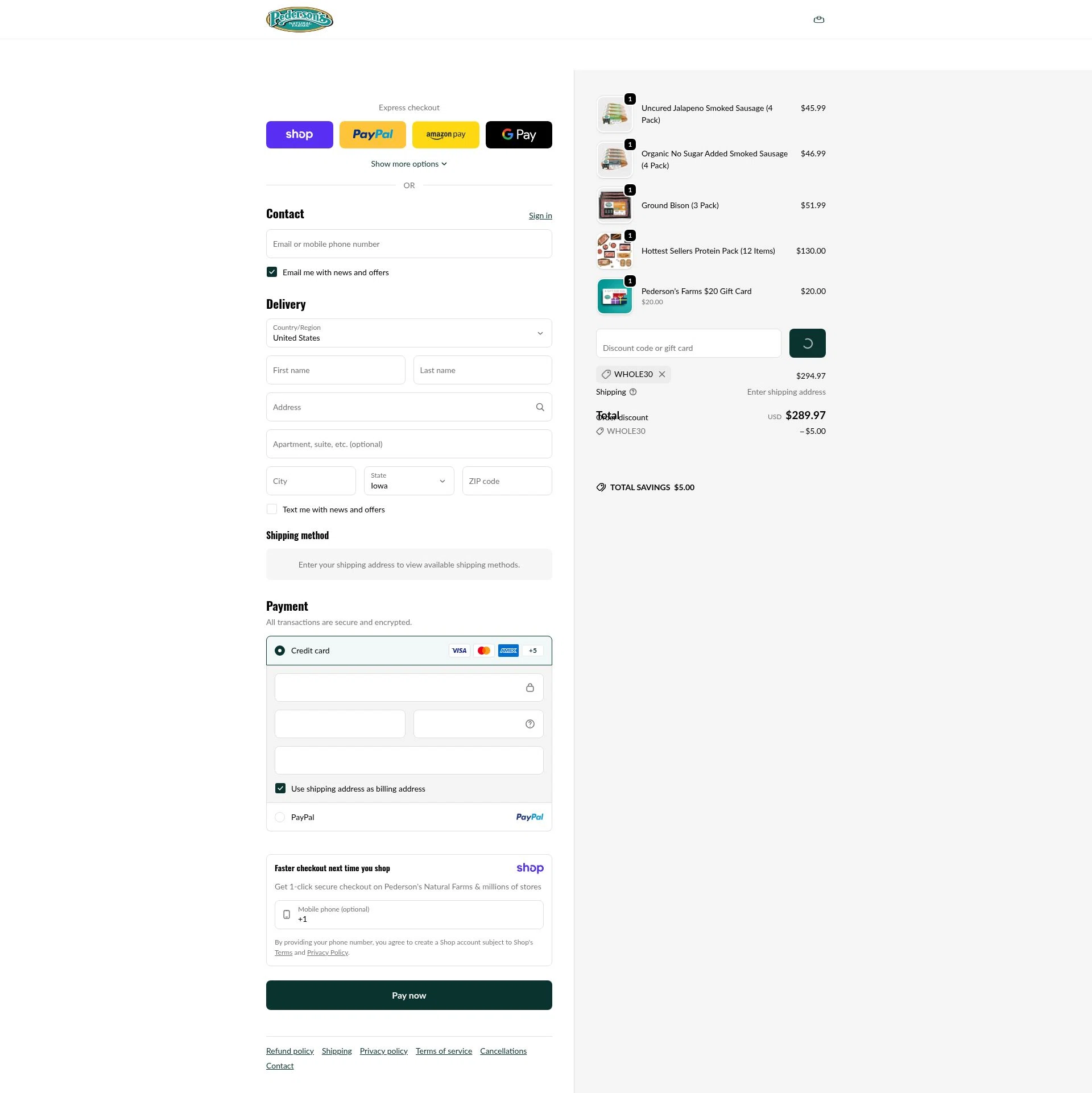 Pederson's Farms checkout page showing Pederson's Farms promo code box | Screenshot taken by SimplyCodes community member on Jan 7, 2026