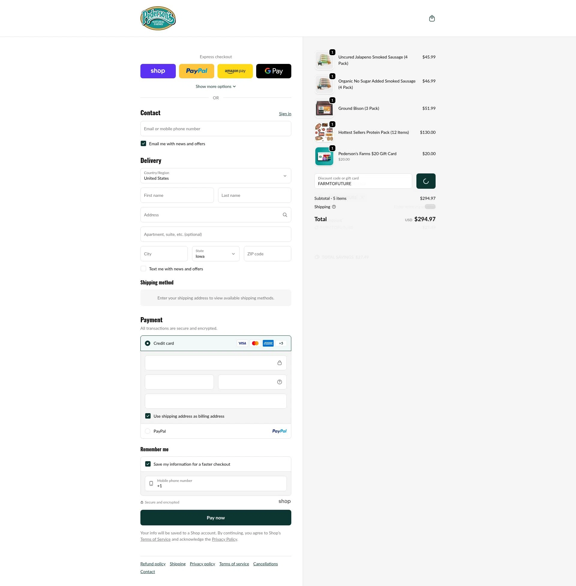 Pederson's Farms checkout page showing Pederson's Farms promo code box | Screenshot taken by SimplyCodes community member on Jan 2, 2026