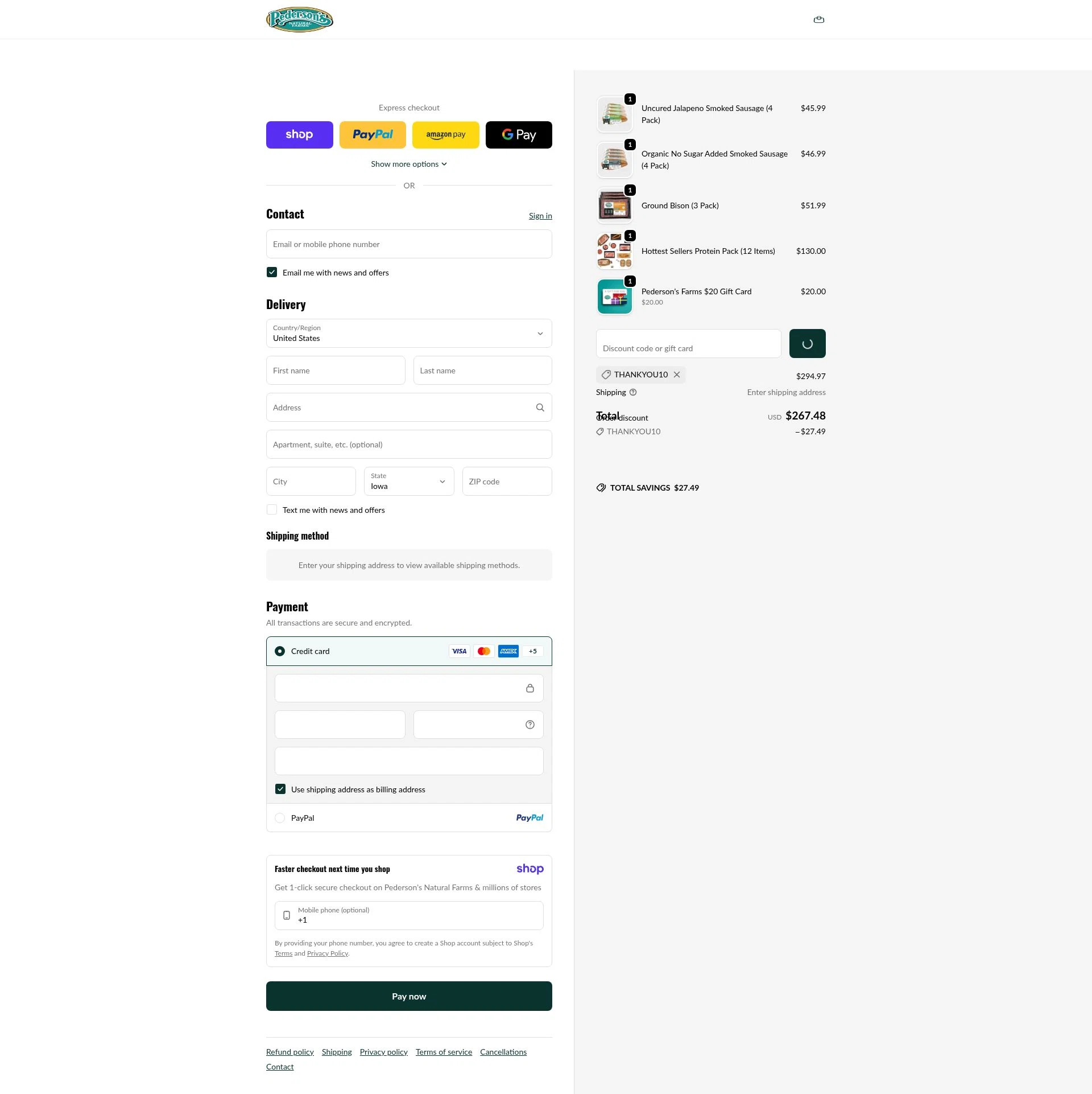 Pederson's Farms checkout page showing Pederson's Farms promo code box | Screenshot taken by SimplyCodes community member on Jan 7, 2026