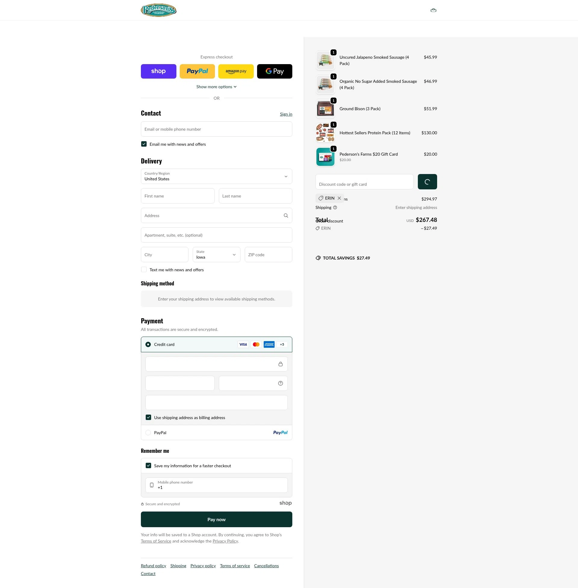 Pederson's Farms checkout page showing Pederson's Farms promo code box | Screenshot taken by SimplyCodes community member on Jan 2, 2026