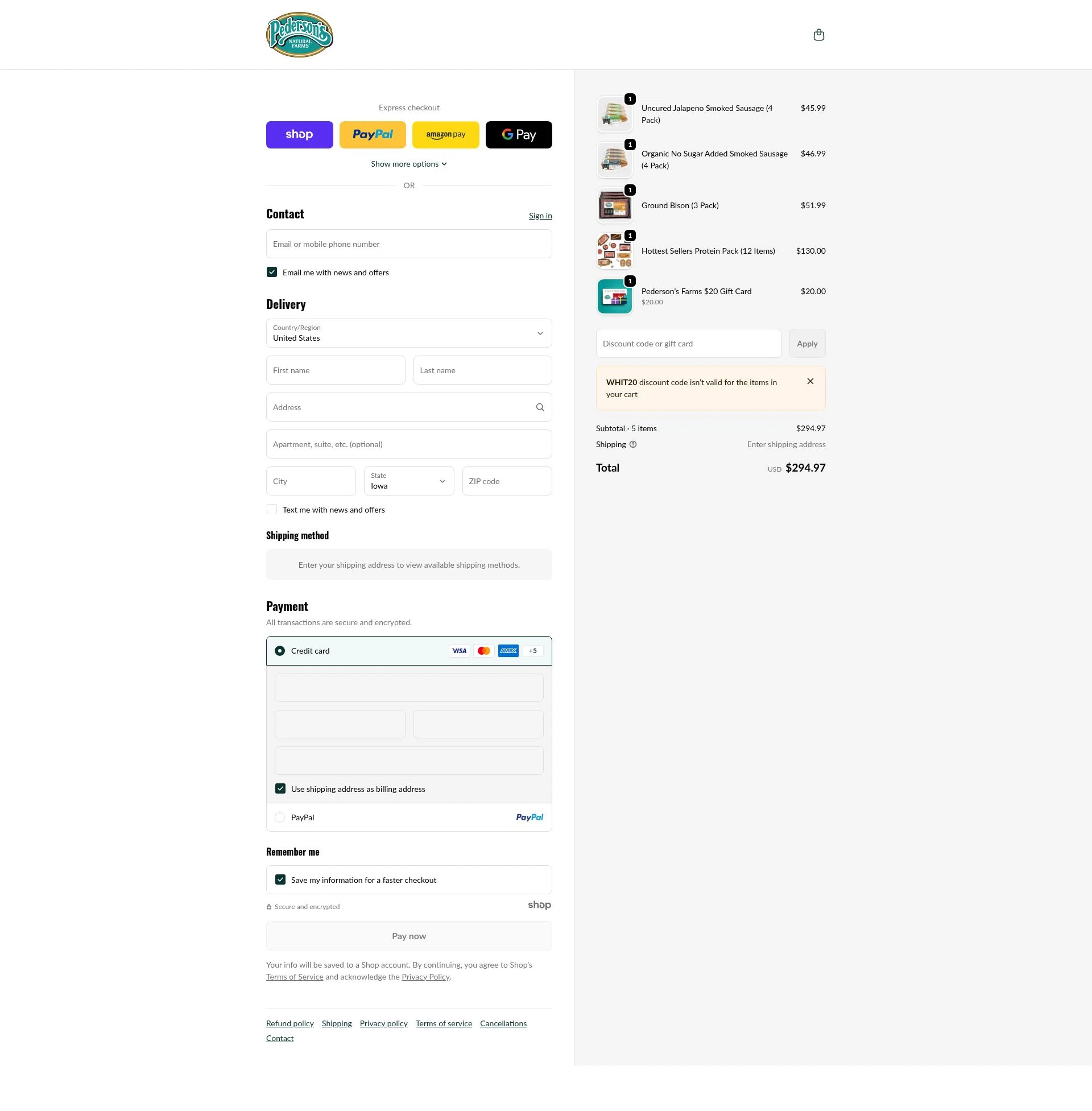 Pederson's Farms checkout page showing Pederson's Farms promo code box | Screenshot taken by SimplyCodes community member on Jan 2, 2026