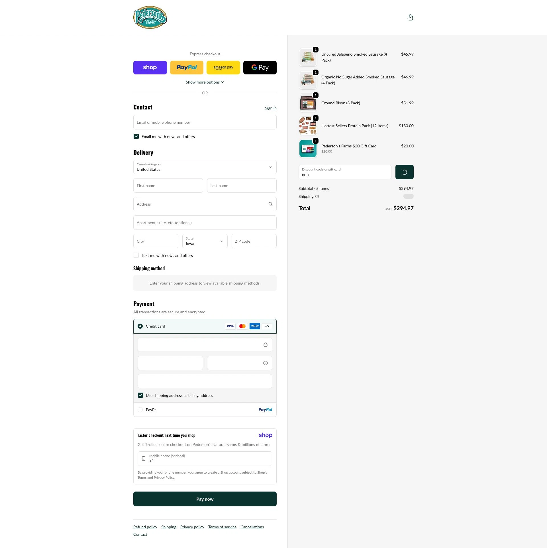 Pederson's Farms checkout page showing Pederson's Farms promo code box | Screenshot taken by SimplyCodes community member on Jan 7, 2026