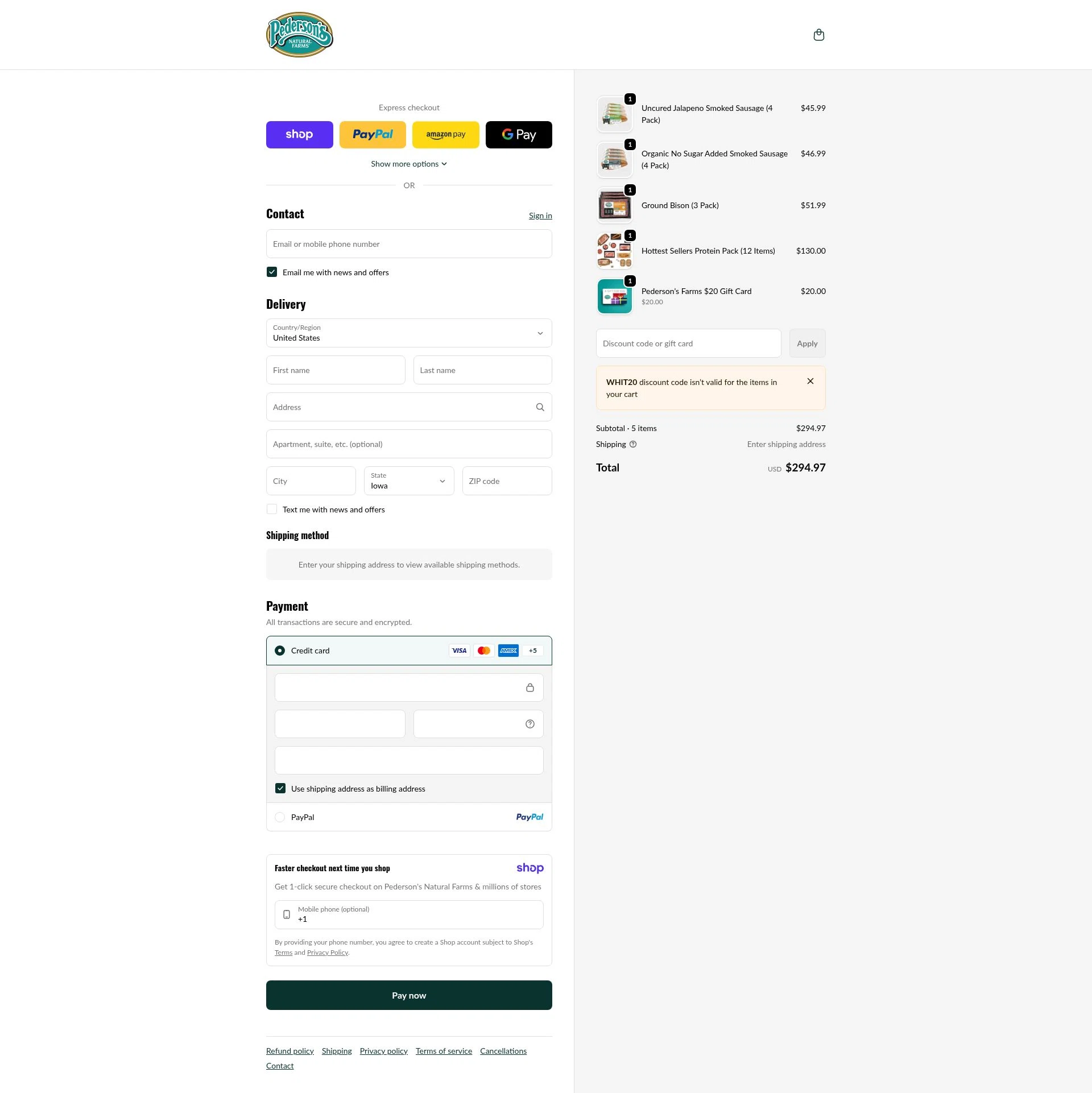 Pederson's Farms checkout page showing Pederson's Farms promo code box | Screenshot taken by SimplyCodes community member on Jan 7, 2026