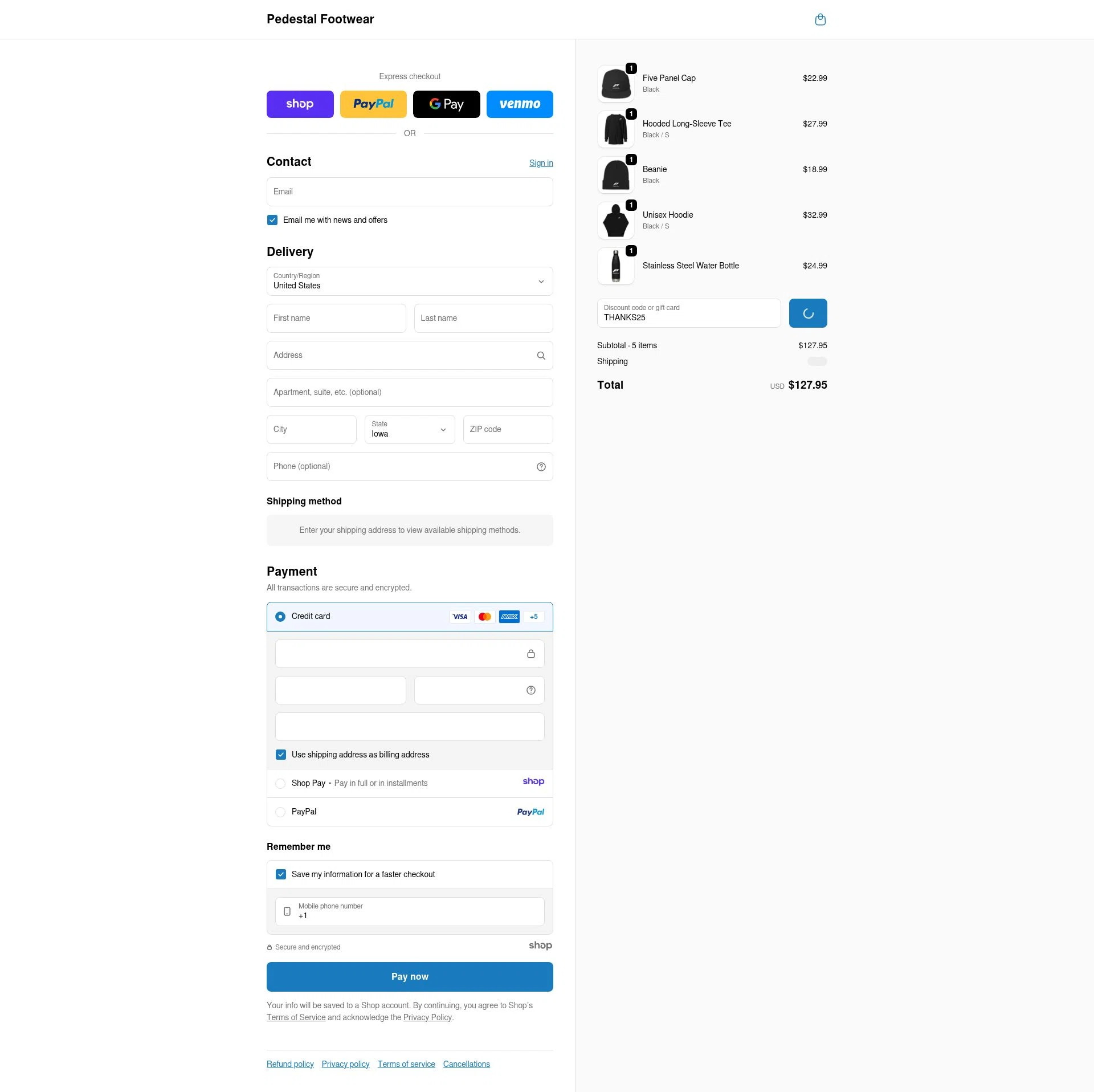 Pedestal Footwear checkout page showing Pedestal Footwear promo code box | Screenshot taken by SimplyCodes community member on Dec 26, 2025