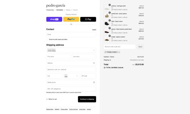 Pedro Garcia checkout page showing Pedro Garcia promo code box | Screenshot taken by SimplyCodes community member on Aug 13, 2025
