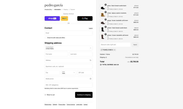 Pedro Garcia checkout page showing Pedro Garcia promo code box | Screenshot taken by SimplyCodes community member on Aug 23, 2025