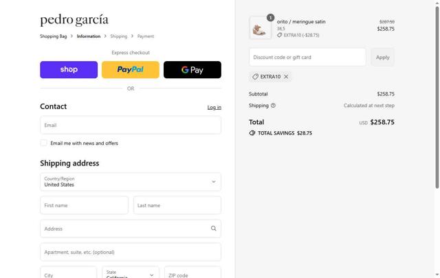 Pedro Garcia checkout page showing Pedro Garcia promo code box | Screenshot taken by SimplyCodes community member on Aug 14, 2025