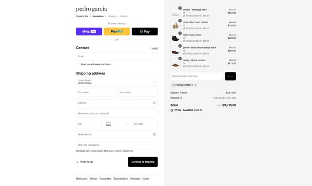 Pedro Garcia checkout page showing Pedro Garcia promo code box | Screenshot taken by SimplyCodes community member on Aug 9, 2025