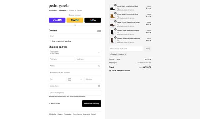 Pedro Garcia checkout page showing Pedro Garcia promo code box | Screenshot taken by SimplyCodes community member on Aug 17, 2025