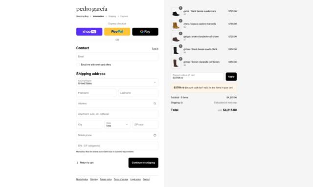 Pedro Garcia checkout page showing Pedro Garcia promo code box | Screenshot taken by SimplyCodes community member on Aug 17, 2025
