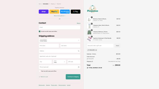 Peejamas checkout page showing Peejamas discount code box | Screenshot taken by SimplyCodes community member on Sep 13, 2025