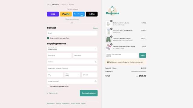 Peejamas checkout page showing Peejamas discount code box | Screenshot taken by SimplyCodes community member on Sep 13, 2025