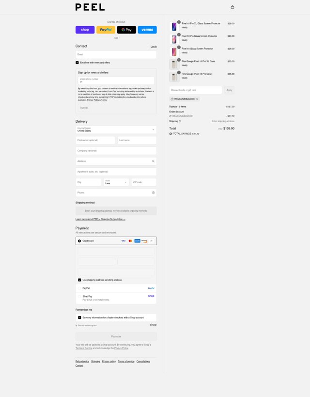 Peel checkout page showing Peel discount code box | Screenshot taken by SimplyCodes community member on Sep 3, 2025