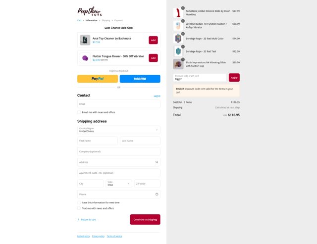 Peepshow Toys checkout page showing Peepshow Toys discount code box | Screenshot taken by SimplyCodes community member on Sep 4, 2025