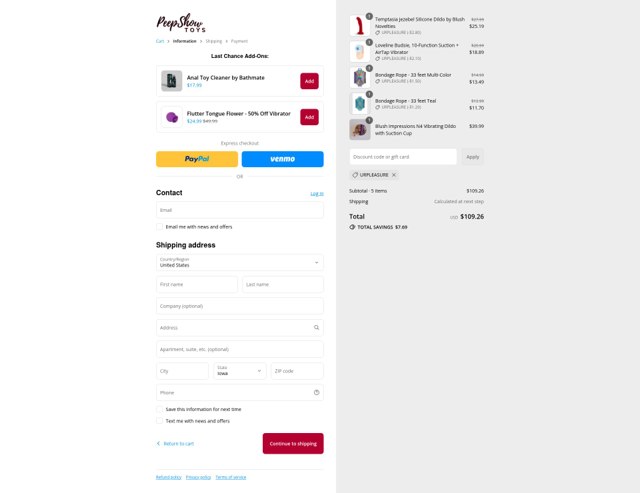 Peepshow Toys checkout page showing Peepshow Toys discount code box | Screenshot taken by SimplyCodes community member on Sep 4, 2025