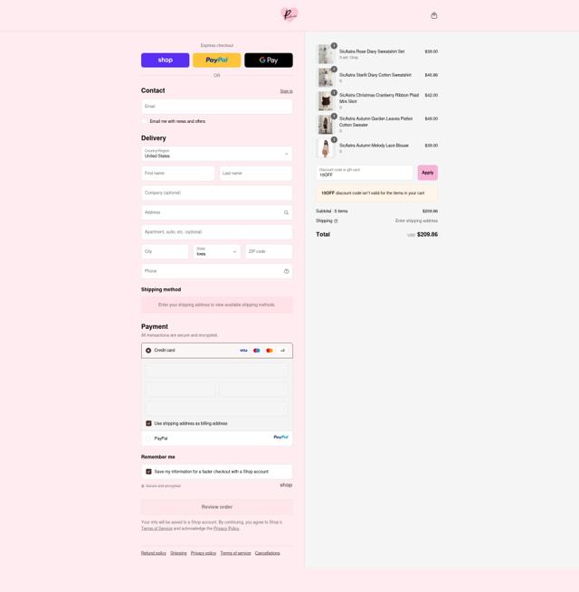 Peiliee Shop checkout page showing Peiliee Shop discount code box | Screenshot taken by SimplyCodes community member on Sep 11, 2025