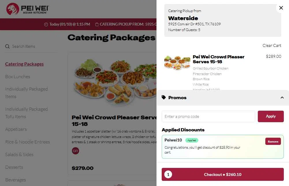 Pei Wei Asian Eatery checkout page showing Pei Wei Asian Eatery promo code box | Screenshot taken by SimplyCodes community member on Jan 10, 2026