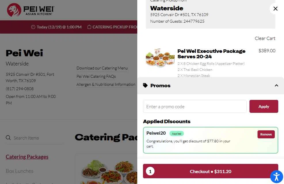 Pei Wei Asian Eatery checkout page showing Pei Wei Asian Eatery promo code box | Screenshot taken by SimplyCodes community member on Dec 19, 2025