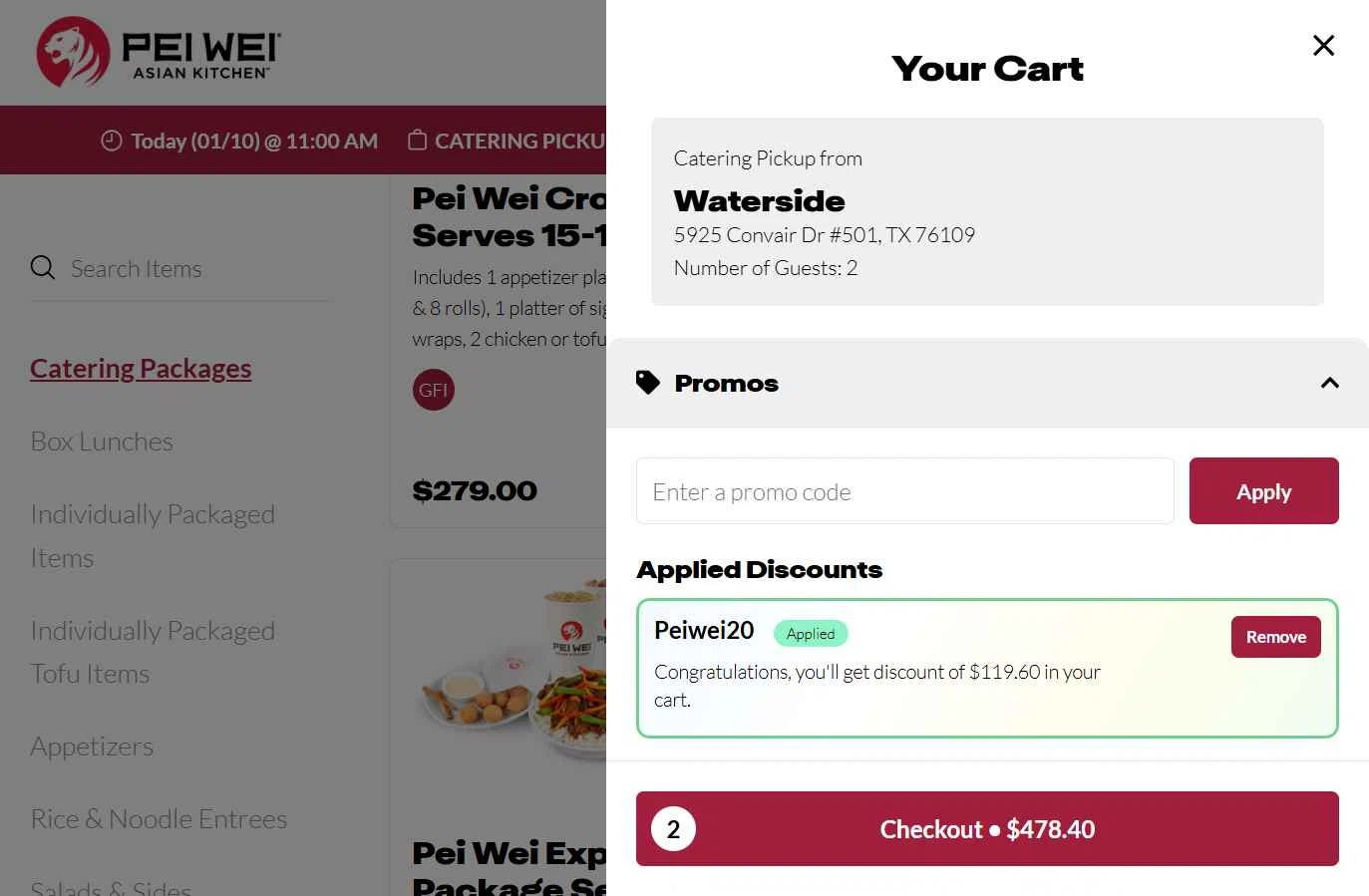 Pei Wei Asian Eatery checkout page showing Pei Wei Asian Eatery promo code box | Screenshot taken by SimplyCodes community member on Jan 10, 2026