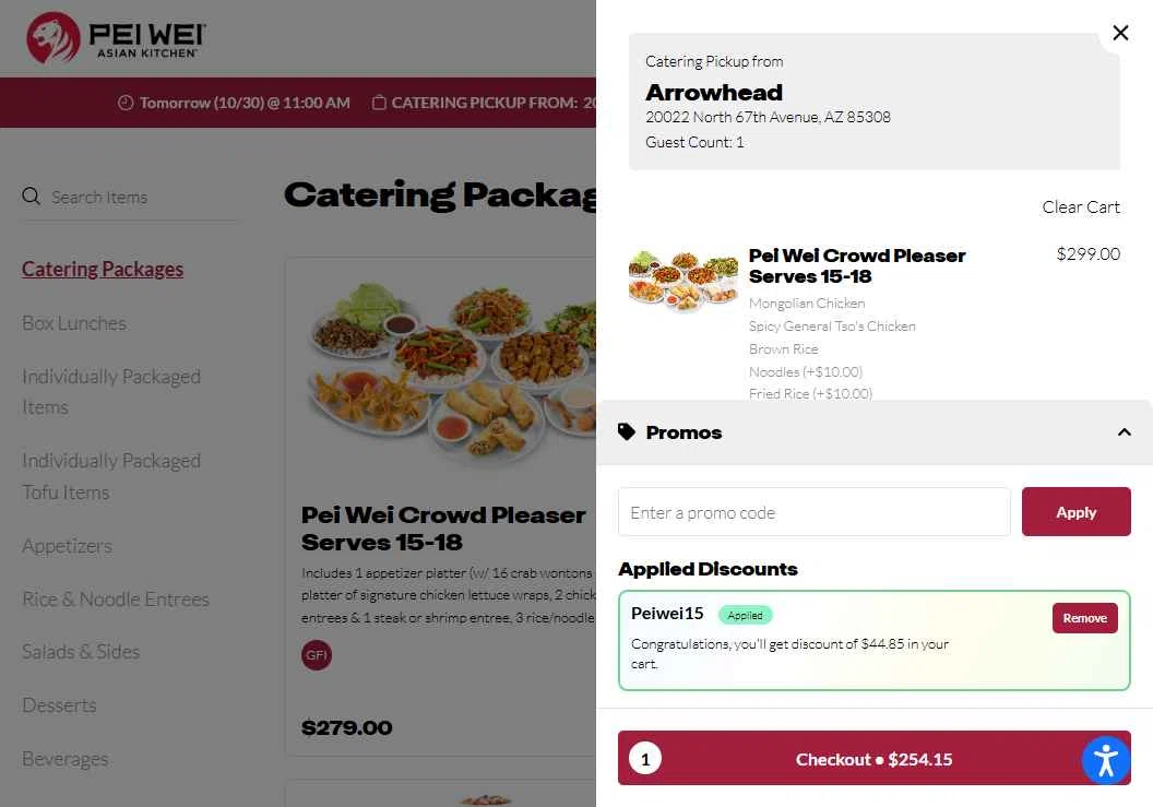 Pei Wei Asian Eatery checkout page showing Pei Wei Asian Eatery promo code box | Screenshot taken by SimplyCodes community member on Oct 30, 2025