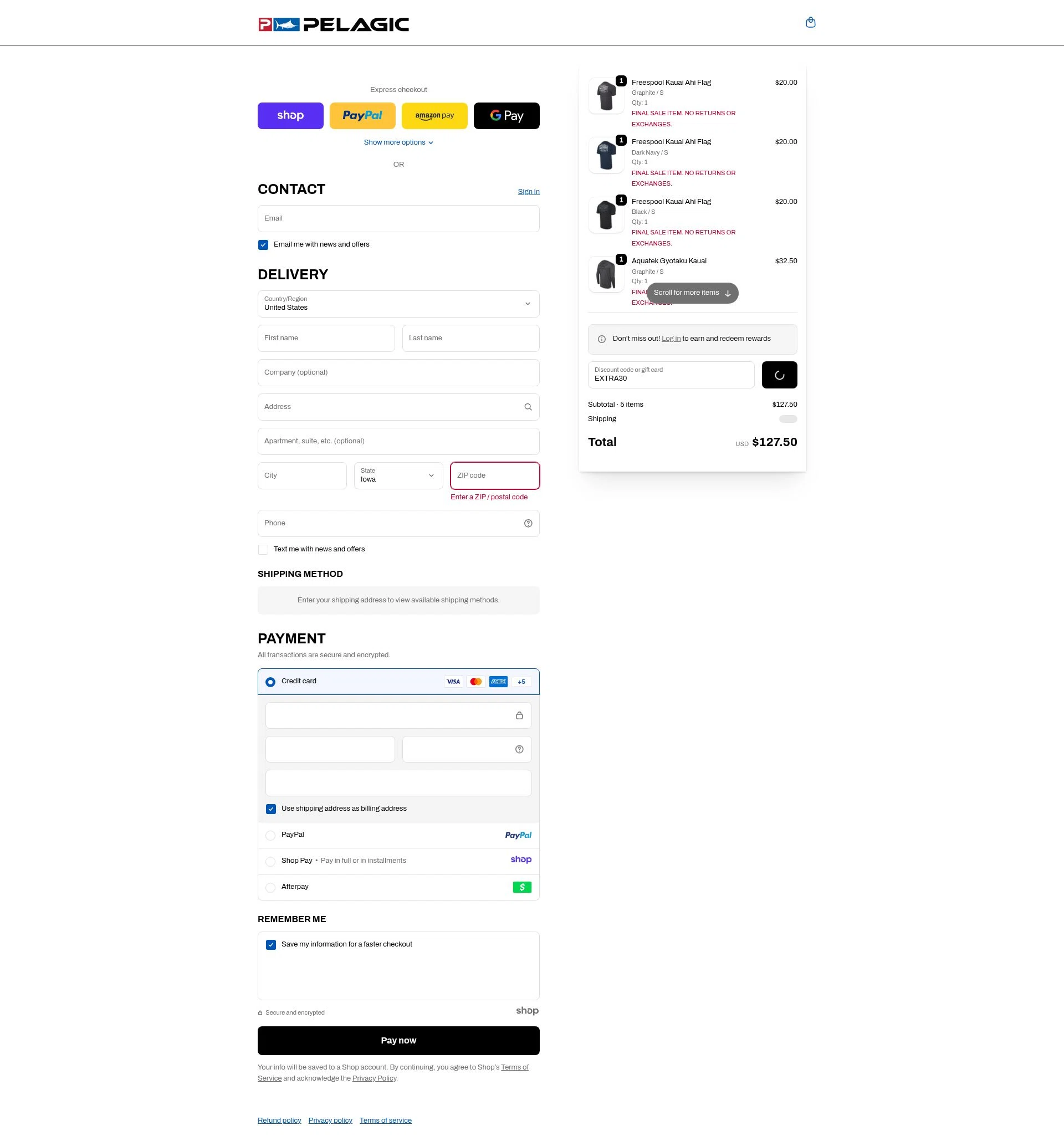 Pelagic Gear checkout page showing Pelagic Gear promo code box | Screenshot taken by SimplyCodes community member on Jan 1, 2026