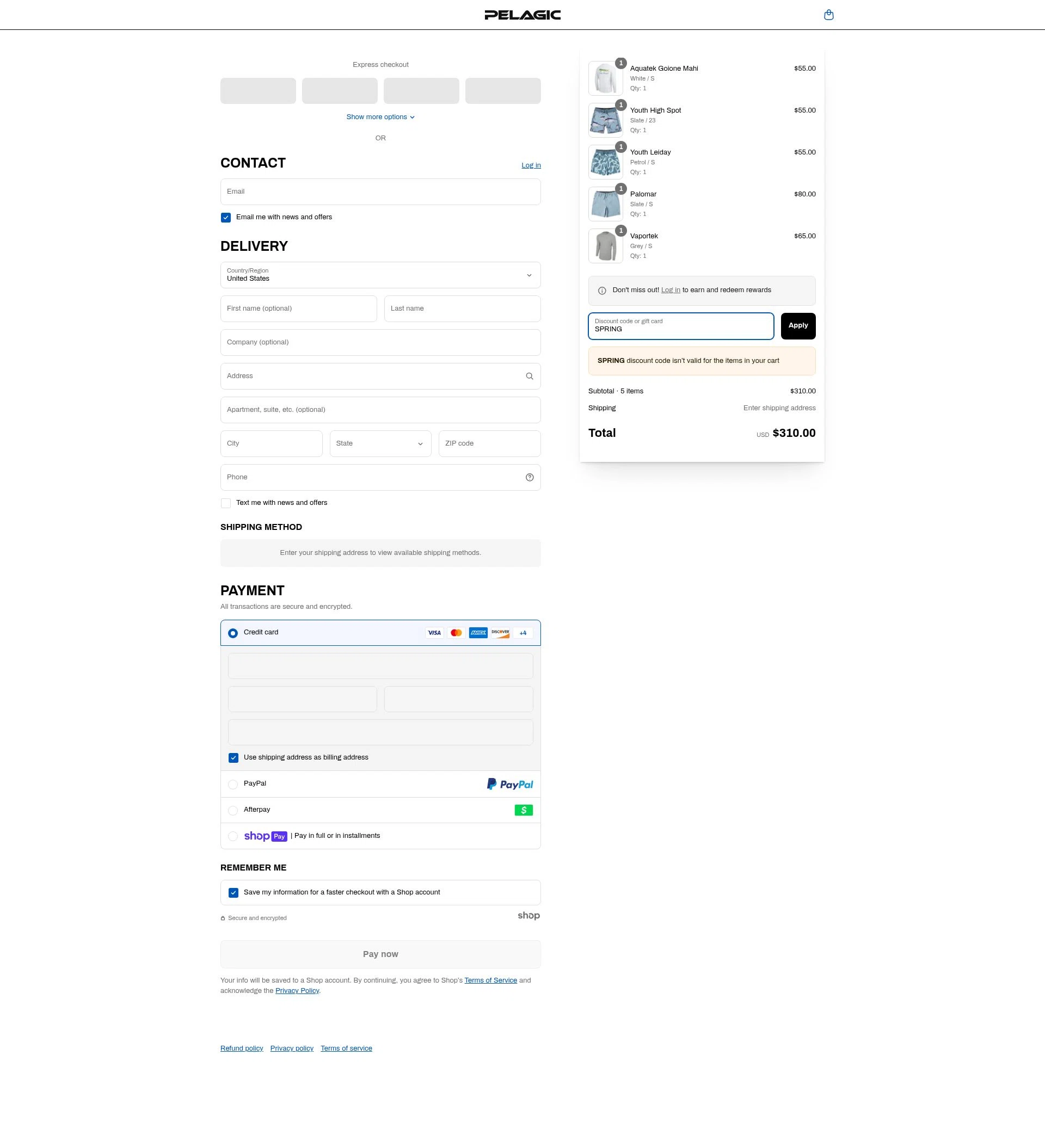 Pelagic Gear checkout page showing Pelagic Gear promo code box | Screenshot taken by SimplyCodes community member on Apr 19, 2025
