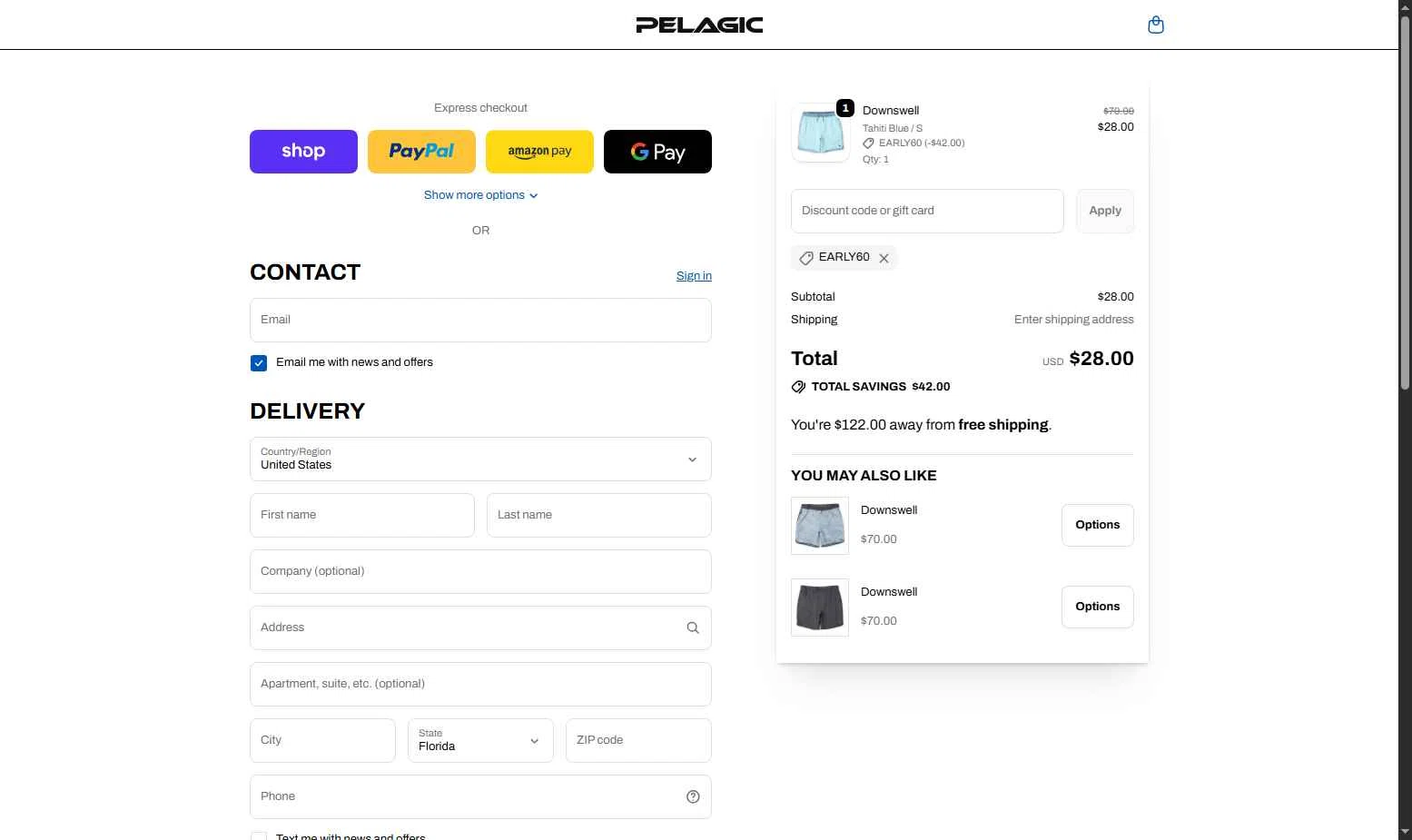 Pelagic Gear checkout page showing Pelagic Gear promo code box | Screenshot taken by SimplyCodes community member on Nov 19, 2025