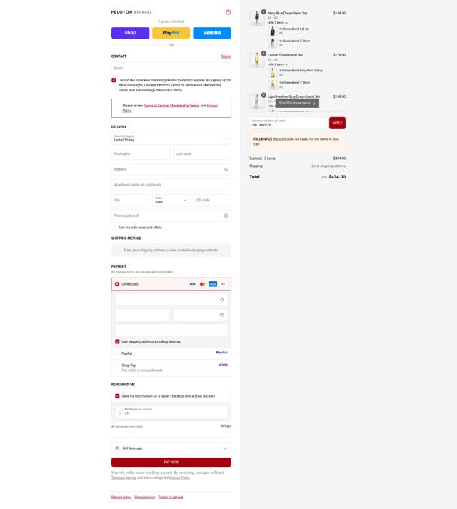 Peloton Apparel checkout page showing Peloton Apparel discount code box | Screenshot taken by SimplyCodes community member on Sep 14, 2025