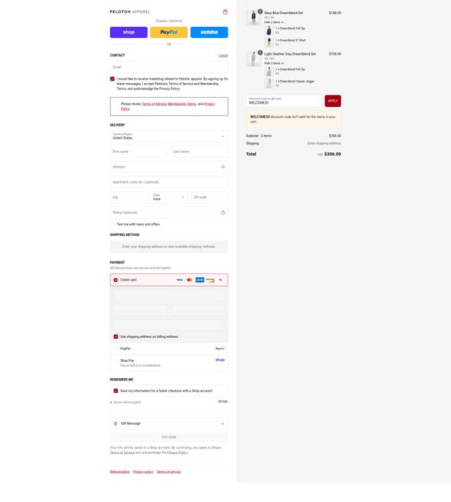 Peloton Apparel checkout page showing Peloton Apparel discount code box | Screenshot taken by SimplyCodes community member on Sep 6, 2025