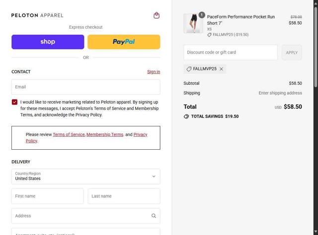 Peloton Apparel checkout page showing Peloton Apparel discount code box | Screenshot taken by SimplyCodes community member on Sep 12, 2025