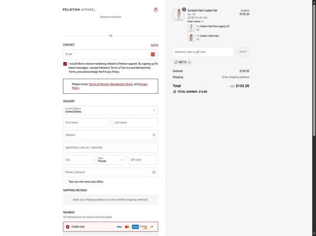 Peloton Apparel checkout page showing Peloton Apparel discount code box | Screenshot taken by SimplyCodes community member on Sep 2, 2025
