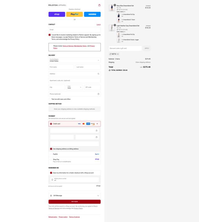 Peloton Apparel checkout page showing Peloton Apparel discount code box | Screenshot taken by SimplyCodes community member on Sep 6, 2025