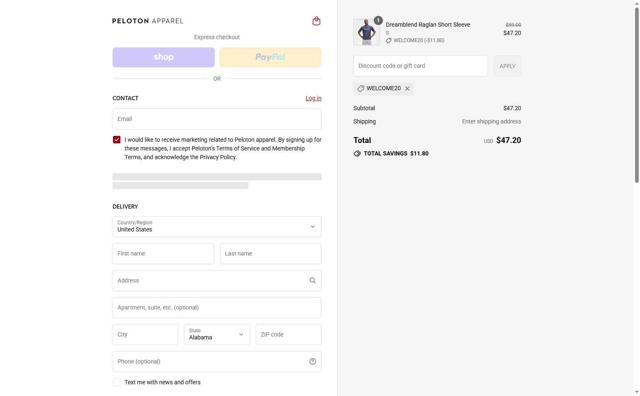 Peloton Apparel checkout page showing Peloton Apparel discount code box | Screenshot taken by SimplyCodes community member on Sep 9, 2025