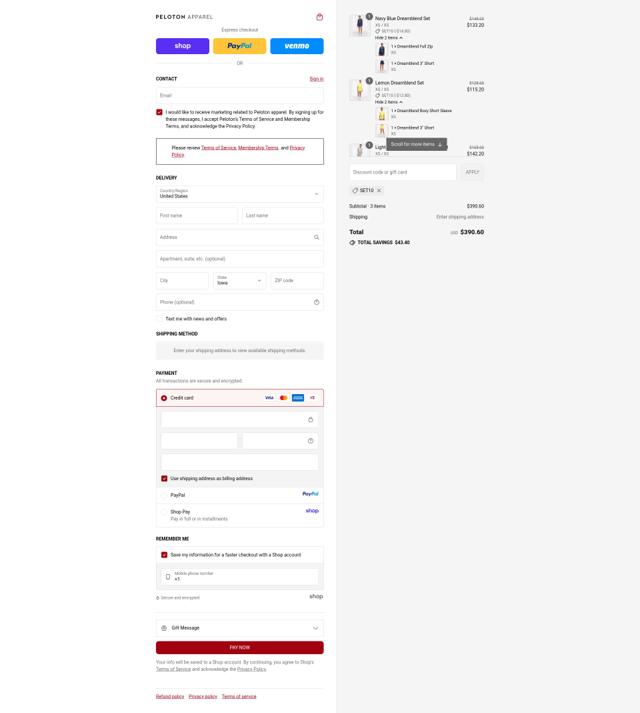 Peloton Apparel checkout page showing Peloton Apparel discount code box | Screenshot taken by SimplyCodes community member on Sep 14, 2025