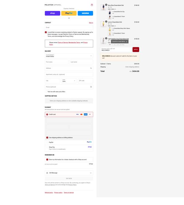 Peloton Apparel checkout page showing Peloton Apparel discount code box | Screenshot taken by SimplyCodes community member on Sep 14, 2025