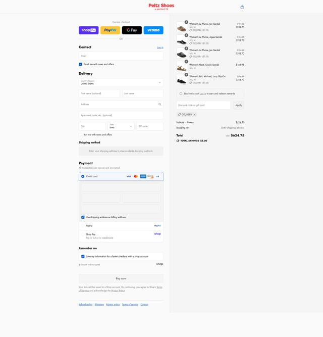 Peltz Shoes checkout page showing Peltz Shoes promo code box | Screenshot taken by SimplyCodes community member on Aug 27, 2025