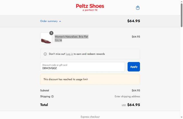 Peltz Shoes checkout page showing Peltz Shoes promo code box | Screenshot taken by SimplyCodes community member on Aug 31, 2025