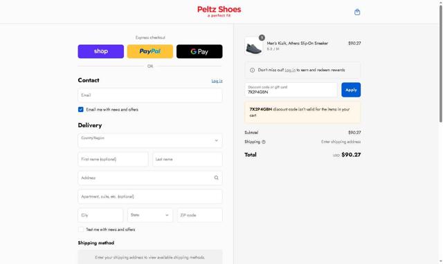 Peltz Shoes checkout page showing Peltz Shoes promo code box | Screenshot taken by SimplyCodes community member on Sep 5, 2025