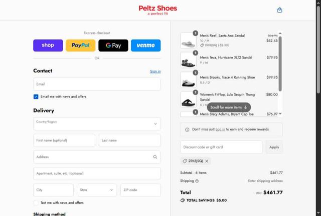 Peltz Shoes checkout page showing Peltz Shoes promo code box | Screenshot taken by SimplyCodes community member on Sep 9, 2025