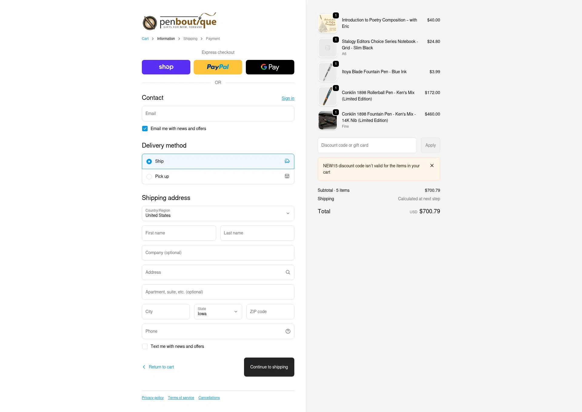 Pen Boutique checkout page showing Pen Boutique coupon code box | Screenshot taken by SimplyCodes community member on Jan 2, 2026